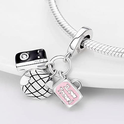 Flower Crab Orca Birthday Athlete Family Tree Safety Chain Cat Dog Bead Pendant 925 Sterling Silver Dangle Compatible With Pandora Moments Charm Bracelet - style: I Love Travel Holiday Globe Digital Camera Tourist