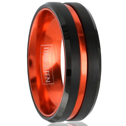 Awesome 6mm/8mm Brushed Satin Finish Black Tungsten Carbide Band Ring with Metallic Persimmon Orange Stripe & Matching Orange Anodized Aluminum Comfort Fit Inner Band.