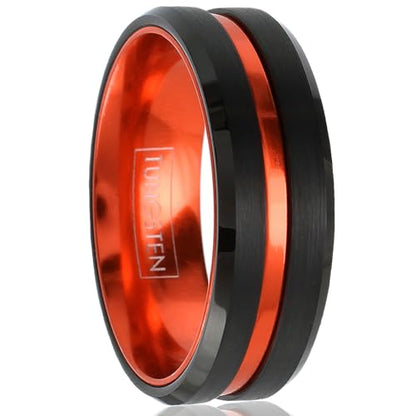 Awesome 6mm/8mm Brushed Satin Finish Black Tungsten Carbide Band Ring with Metallic Persimmon Orange Stripe & Matching Orange Anodized Aluminum Comfort Fit Inner Band.