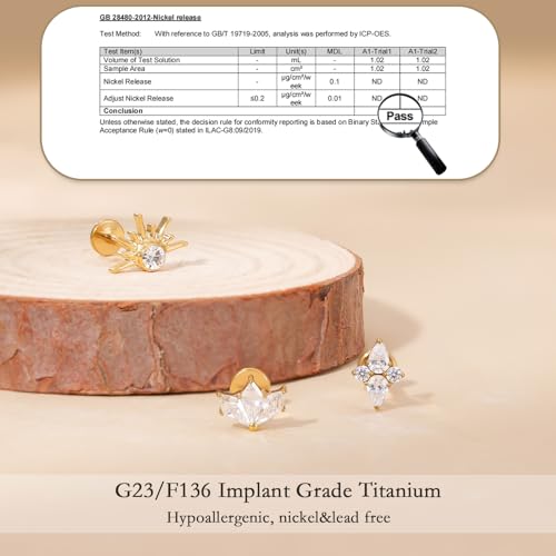 limerencia Titanium Internally Threaded Flat Back Earrings, 3 Pcs Implant Grade Hypoallergenic Studs, 18G Tragus Helix Conch Cartilage Piercing Jewelry for Sensitive Ears Women Men, Gold/Silver - color: Gold-Vibe D