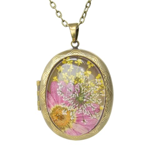 Vintage Photo Locket Necklace Handmade Pressed Flower Locket Necklace for Women - style: Strawflower(1.53"x 1.85")