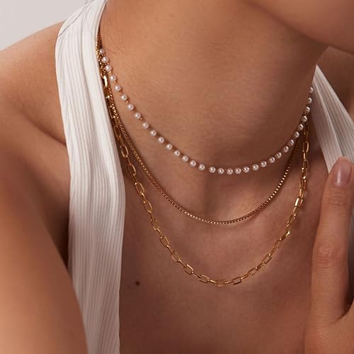 Layered Gold Necklaces for Women14K Gold Planted Non Tarnish | Cuban, Herringbone,Figaro,Paperclip Chain Layering Stack Choker Necklace , Trendy Jewelry Gift for Women - color: C