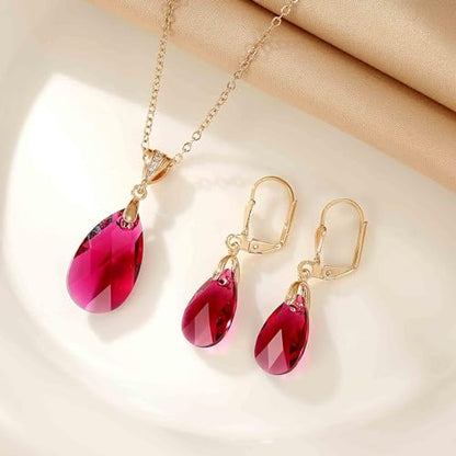 Austrian Crystals Teardrop Pendant Necklace Earrings for Women 14K Gold Plated Hypoallergenic Leverback Drop Dangle Earrings Jewelry Set - color: Fuchsia