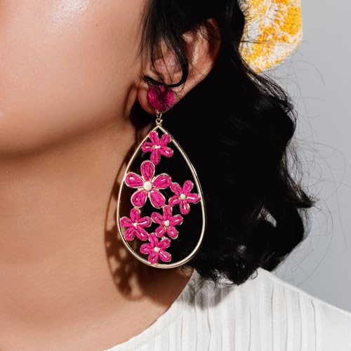 Boho Raffia Flower Teardrop Earrings Cute Colorful Dangle Trendy Jewelry | Floral Drop Statement Big Dangling Earring Hypoallergenic Gold Fun Unique Summer Spring Beach Vacation Outfits for Women - color: Hot Pink
