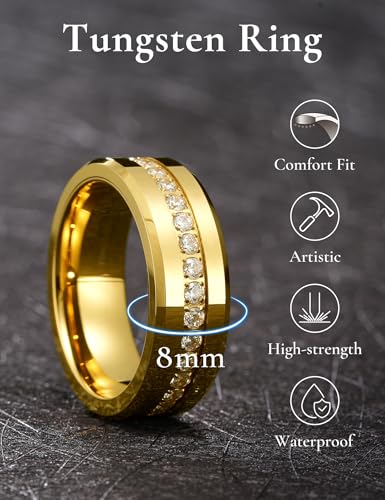 King Will 8mm Tungsten Carbide Rings for Men Cubic Zircon Stones Inlay - color: Gold 8mm