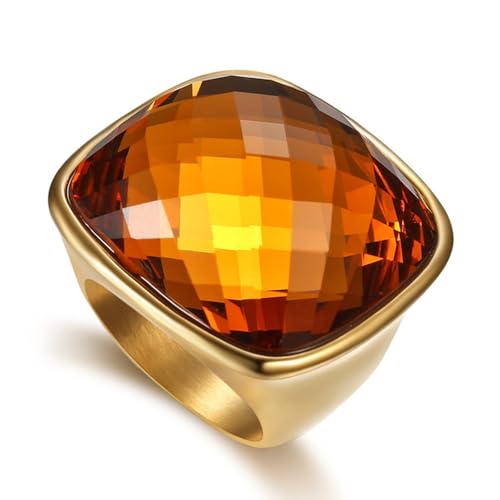 Chunky Square Crystal Glass Stainless Steel Statement Ring for Women Men Gold-Tone Plated Exaggerated Large Geometric Green Cubic Zirconia Finger Band Knuckle Rings Cocktail Prom Fashion Jewelry - color: Brown