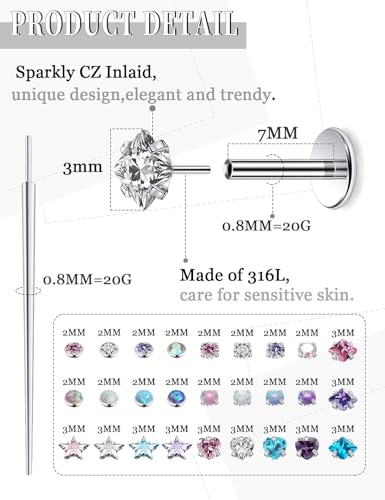 20G 18G 16G Threadless Nose Rings Studs Flat Back Earrings Surgical Stainless Steel Opal Nose Rings Stud Tragus Helix Conch Cartilage Earrings Piercing Jewelry For Women Men Hypoallergenic - style: 20G-7MM Bar