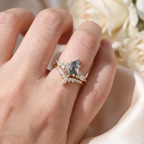 14K Gold Plated Natural Moss Agate Stackable Ring for Women | Promise Wedding Band Diamond Cut Green Moss Agate Stackable Rings Set Valentine & Anniversary Jewelry Gifts Size 5-9 - color: Yellow Gold