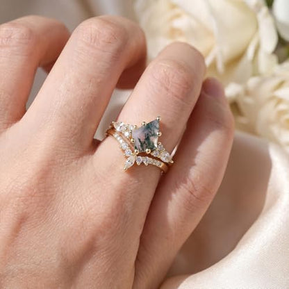 14K Gold Plated Natural Moss Agate Stackable Ring for Women | Promise Wedding Band Diamond Cut Green Moss Agate Stackable Rings Set Valentine & Anniversary Jewelry Gifts Size 5-9 - color: Yellow Gold