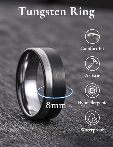 King Will Mens Tungsten Carbide Wedding Band with Groove Design | 6/7/8mm Width, Grooved, Comfort Fit, Everyday Wear - color: Black&Silver Groove-8mm