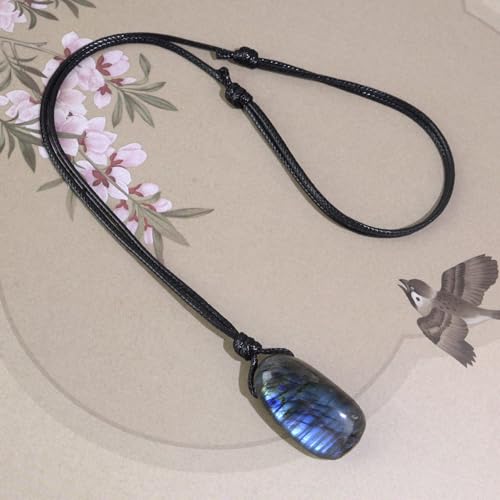 Natural Gemstone Pendant Necklace Healing Crystal Stone Choker Necklace Adjustable Waxed Black Rope for Men - color: Labradorite
