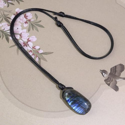 Natural Gemstone Pendant Necklace Healing Crystal Stone Choker Necklace Adjustable Waxed Black Rope for Men - color: Labradorite