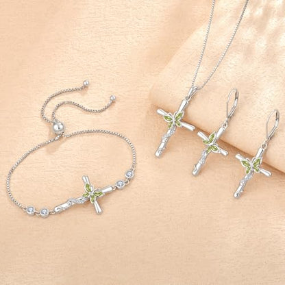 Cross Necklace for Women 925 Sterling Silver Butterfly Necklace Birthstone Pendant Created Gemstone Jewelry Gifts for Women - color: 08 August - Peridot