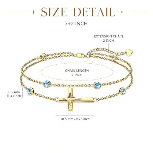 Midari 18K Yellow Gold Gemstone Birthstone Anklet Bracelet Cross Jewelry with 12 Months Birthstone Birthday Gifts for Women Wife Her Daughter Mom - color: 03-Mar-Aquamarine, size: Bracelet 7"-9"