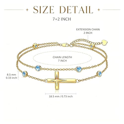 Midari 18K Yellow Gold Gemstone Birthstone Anklet Bracelet Cross Jewelry with 12 Months Birthstone Birthday Gifts for Women Wife Her Daughter Mom - color: 03-Mar-Aquamarine, size: Bracelet 7"-9"