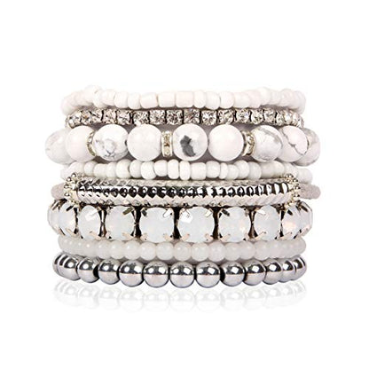 RIAH FASHION Multi Color Stretch Beaded Stackable Bracelets - Layering Bead Strand Statement Wrap Bangles - color: Natural Stone - White Howlite/Silver, size: 7.0 Inches Length