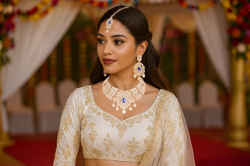 Touchstone Indian jewelry sets for women tikka wedding necklace costume guest statement bollywood rhinestones crystal faux pearls gold big royal neck piece set bridal fashion accessories - color: Blue in Center 2