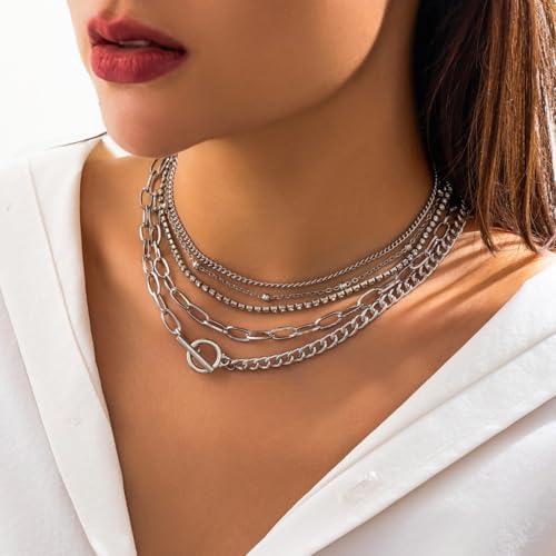Otxas Layered Gold Necklaces for Women Non Tarnish Chunky Necklace | Stacked Necklaces for Women Heart Pendant Toggle Necklace Paperclip Chain Necklaces for Daily Wear, Party, Gift - style: Style 7