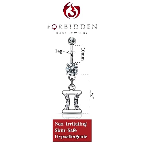 Forbidden Body Jewelry Surgical Steel CZ Jeweled Zodiac Sign Dangle Belly Button Ring - style: Gemini