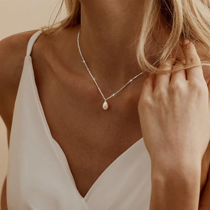 Pearl Necklaces for Women,Dainty Gold Pendant Necklaces Waterproof Jewelry | 14K Gold Plated Pearl Necklaces,Dainty Elegant Wedding Necklace,Small Cute Adjustable Minimalist Necklace,Non Tarnish Jewelry - color: SILVER-1