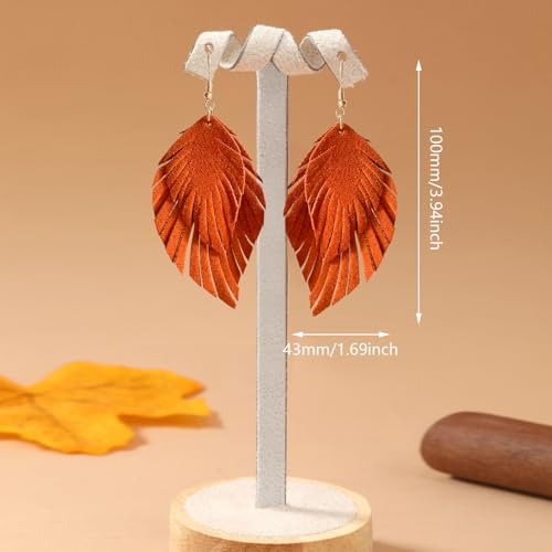 Handmade Bohemian Large Soft Genuine Leather Fringe Double Feather Dangle Drop Earrings Lightweight Simple Color PU Leaf Hook Earrings for Women - color: Orange