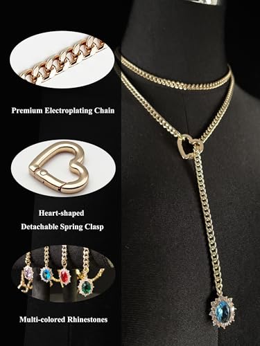 Women's Heart O-Ring Slip Chain Necklace, Double Layered Adjustable 39'' Cuban Chain with Detachable Heart Clasp and Colorful Rhinestone Pendant - color: 39'' Gold-Ocean Blue