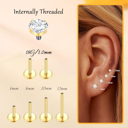 Xpircn Flat Back Stud Earrings 14K Gold Plated Internally Threaded CZ Stud Piercing Jewelry for Tragus Helix Cartilage Conch Nose Hypoallergenic Lip Labret Medusa Piercing 16G 18G - color: 18 Gauge, Gold, size: Mixed (6/8/10/12mm) Bar