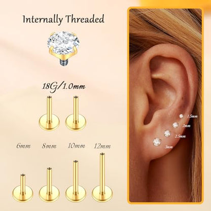 Xpircn Flat Back Stud Earrings 14K Gold Plated Internally Threaded CZ Stud Piercing Jewelry for Tragus Helix Cartilage Conch Nose Hypoallergenic Lip Labret Medusa Piercing 16G 18G - color: 18 Gauge, Gold, size: Mixed (6/8/10/12mm) Bar