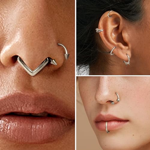 Besteel Hypoallergenic Septum Rings 16G 8mm Surgical Steel Clicker Nose Rings Hoops Set Small Lip Cartilage Helix Daith Piercing Jewelry for Women Men 16 Pcs Gold Silver Black - color: Silver