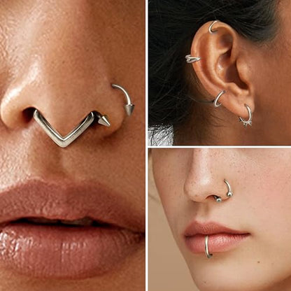 Besteel Hypoallergenic Septum Rings 16G 8mm Surgical Steel Clicker Nose Rings Hoops Set Small Lip Cartilage Helix Daith Piercing Jewelry for Women Men 16 Pcs Gold Silver Black - color: Silver
