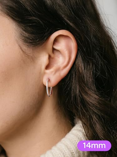 ChicSilver 925 Sterling Silver Hoop Earrings for Women Silver Huggie Hoops | Hypoallergenic 925 sterling silver hoops in 8/10/12/14/16/18/20MM, available in Gold/Silver/Rose Gold/Black. - color: Silver, size: 14mm