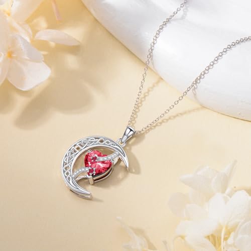 TOUPOP Moon and Star Birthstone Necklace for Women 925 Sterling Silver Celtic Moon Jewelry Birthday Mothers Day Gifts for Mom Wife Her - color: 07-July-Ruby