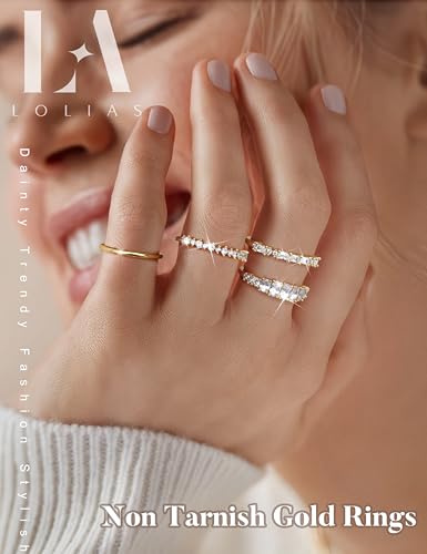 LOLIAS Gold Stackable Rings for Women Non Tarnish Engagement Wedding Bands | Hypoallergenic,Dainty Cubic Zirconia Wedding Ring Set,Minimalist Trendy Statement Promise Thumb Rings Stacking Size 5-10 - style: Sparkly-14K Gold Plated
