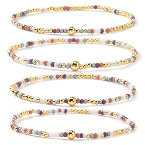 Seed Beaded Stack Bracelets Set for Women,Small Boho 4Pcs Colorful Handmade Dainty Trendy Gold Stretch Accessories Jewelry, Summer Daily Party Friendship Gift - color: Purple Gray