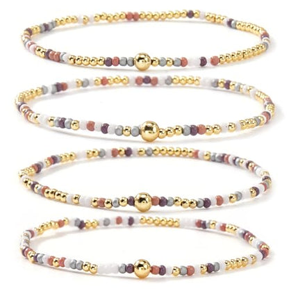 Seed Beaded Stack Bracelets Set for Women,Small Boho 4Pcs Colorful Handmade Dainty Trendy Gold Stretch Accessories Jewelry, Summer Daily Party Friendship Gift - color: Purple Gray
