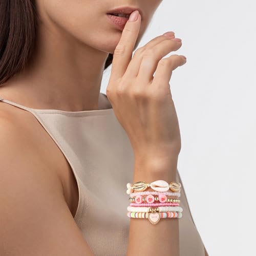 Summer Surfer Heishi Bracelet Set for Women Stackable Gold Plated Clay Ploymer Bead Stretch Pink Beach Layering Bracelets Jewelry - color: A-Pink 3 heart 6pcs