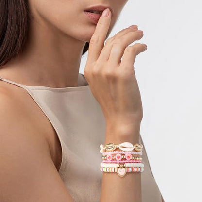 Summer Surfer Heishi Bracelet Set for Women Stackable Gold Plated Clay Ploymer Bead Stretch Pink Beach Layering Bracelets Jewelry - color: A-Pink 3 heart 6pcs
