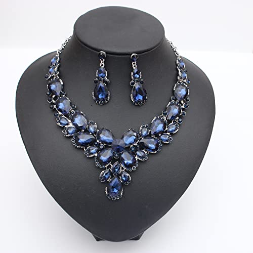 Women's Wedding Bridal Austrian Crystal Glass Teardrop Statement Necklace Dangle Earrings Bracelet Ring Wedding Party Jewelry Set for Bridal Bridesmaid - color: Blue-Platinum Plated