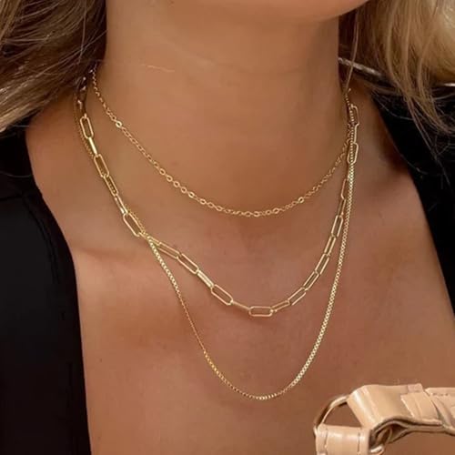 Layered Gold Necklaces for Women14K Gold Planted Non Tarnish | Cuban, Herringbone,Figaro,Paperclip Chain Layering Stack Choker Necklace , Trendy Jewelry Gift for Women - color: G