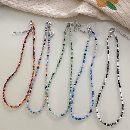 Dainty Colorful Crystal Beaded Chain Adjustable Lightweight Choker Necklace Handmade Bohemian Shiny 3mm Rice Stone Beads Necklace Boho Summer Beach Jewelry for Women - color: mix 1
