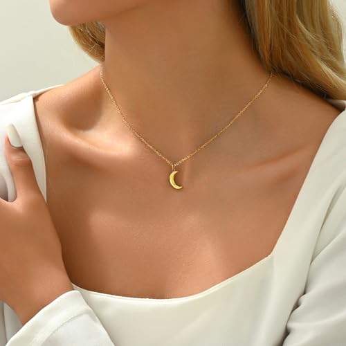 Gold Necklace for Women Dainty 18K Gold Plated | Sun Horn Crescent Moon Lucky Horse Shoe Pendant Necklace Waterproof Stainless Steel Trendy Jewelry, Gift Box Included - color: Moon-Gold