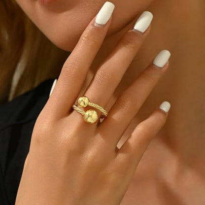 Adjustable Rings for Women 18K Gold Plated daisy Flower Butterfly Ball Cubic Zirconia Rings Dainty Open Stacking Ring - color: Double Ball-Gold