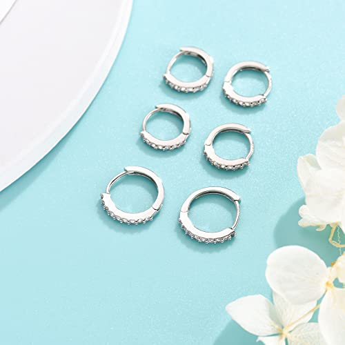 Silver Hoop Earrings for Women, 3 Pairs Small Sterling Silver Huggie Earrings | Tiny Cubic Zirconia Cartilage Cuff Earrings Hoop Piercing Jewellery for Men Teens (8mm/10mm/12mm) - color: 3 Pairs(8mm*2+10mm*1)-Silver