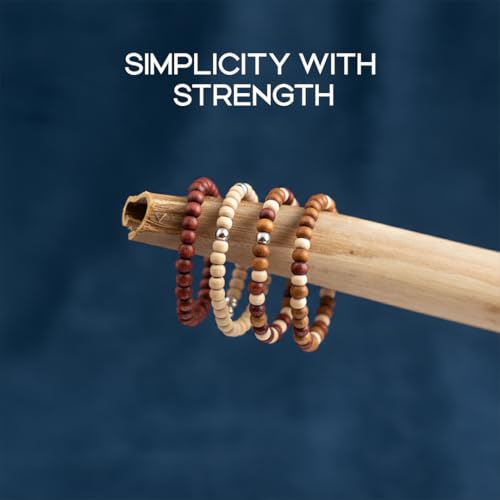 Avoirr Set of 4 Natural Wood Beaded Bracelets for Men & Women – 4mm Handmade Stretchable Wooden Beads in Natural, Tan & Maroon – Unisex Fits (7–7.5 inch)