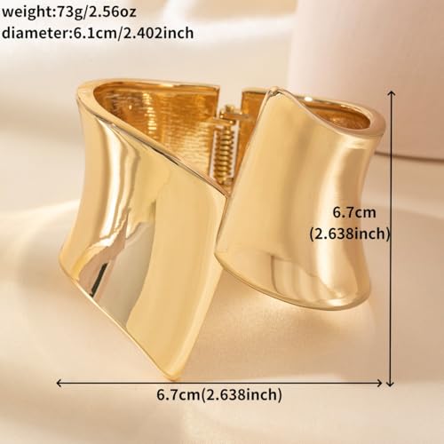 14K Gold Plated Open Cuff Bracelet for Women - Chunky Minimalist Geometric Arm Cuff, Adjustable Spring-Loaded Gold Bangle, Trendy Tarnish Resistant Statement Jewelry