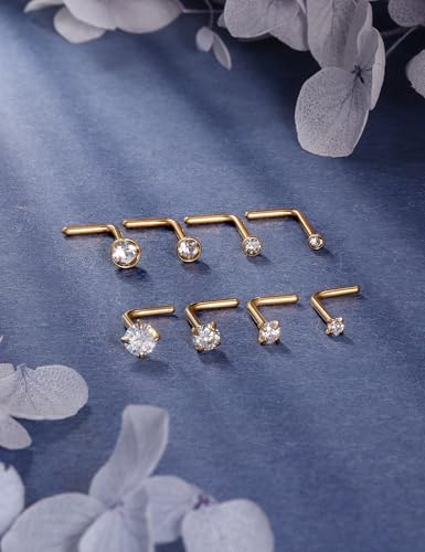 18G 20G 22G Titanium Stainless Surgical Steel Nose Rings Studs for Women L Shaped Nose Studs Screw Nose Ring Piercing Jewelry for Women Men Diamond CZ 1.5mm 2mm 2.5mm 3mm Silver Black Gold - style: 18g/Clear CZ/L-shaped/Gold