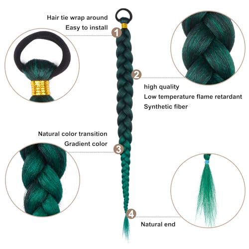 2 Pc Braid Ponytail Extension with Hair Tie Green Gradient Braid Extensions | LyoRuSi 26 Inch Long Braided Extensions, Straight Sleek Wrap Around Braid Hair Extensions Ponytail (Dark green/green) - color: Green gradient#（Dark green/green）, size: 26 Inch（P