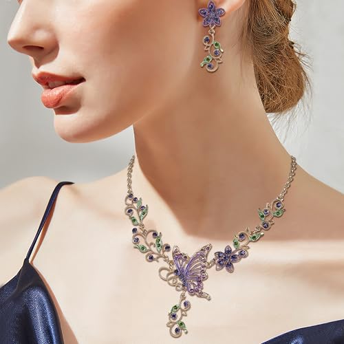 EleQueen Women's Crystal Butterfly Flower Leaf Necklace Earrings Set | Crystal Jewelry Set for Brides Bridesmaids, Necklace Set for Party - color: Gold-Tone Purple