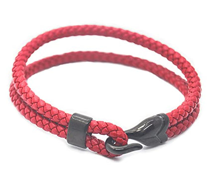 Mens Braided Leather Hook Bracelet,Two-row Leather with Black Stainless Steel Hook Clasp, Minimalist Style - color: red