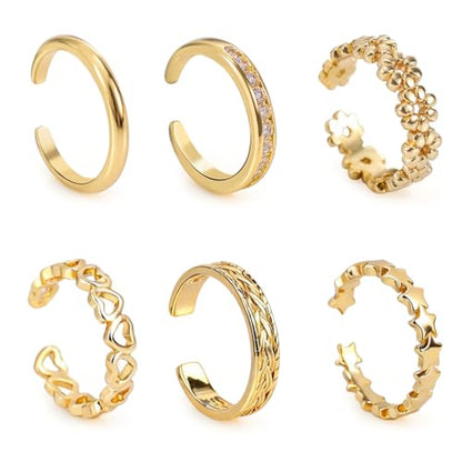 Mikovivi 6pcs Gold-Colored Toe Rings for Women, Adjustable Flower Star Heart CZ Dainty Toe Rings Summer Beach Open Foot Jewelry